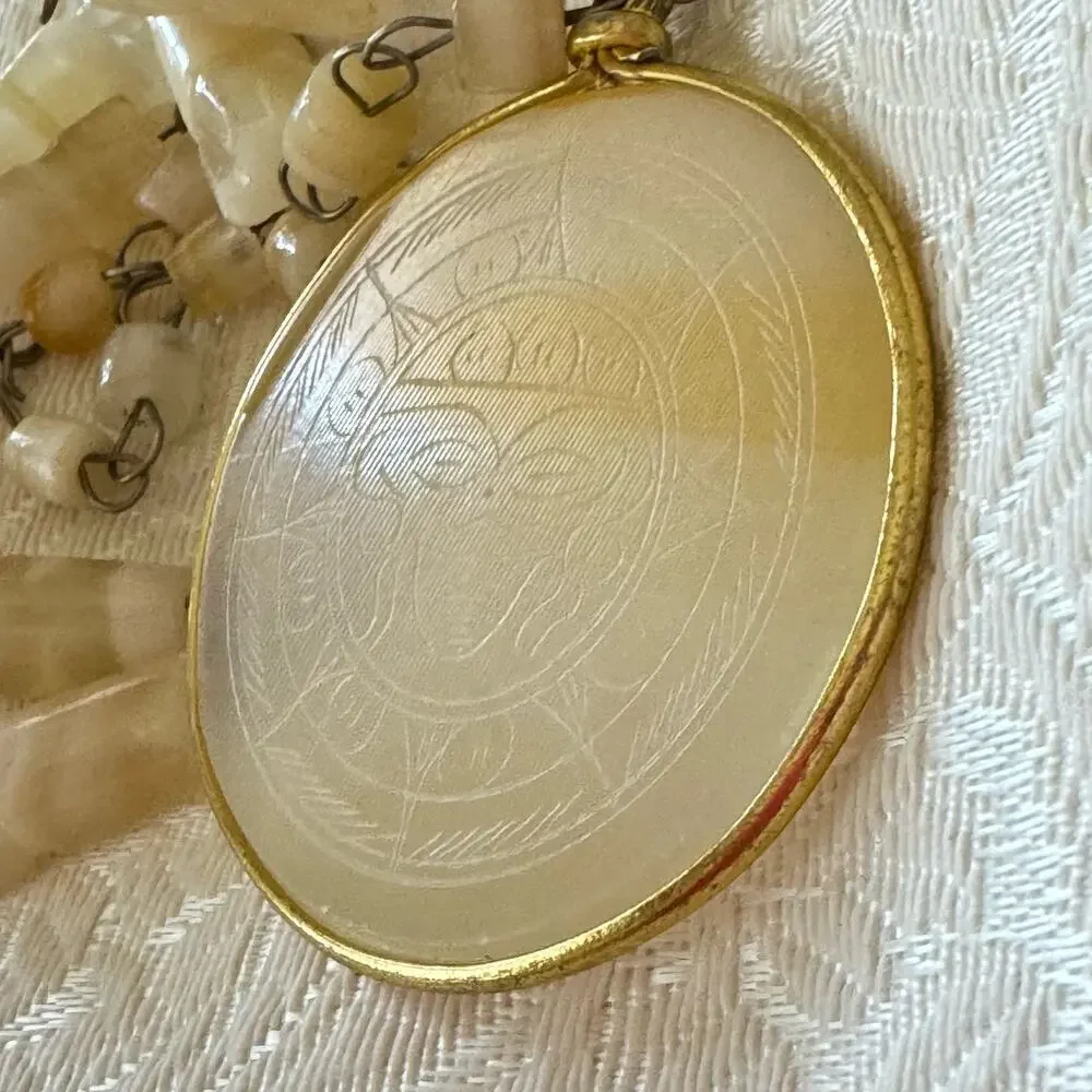 Vintage Carved Aztec Sundial Pendant Mexican Sun White Agate Etched Necklace
